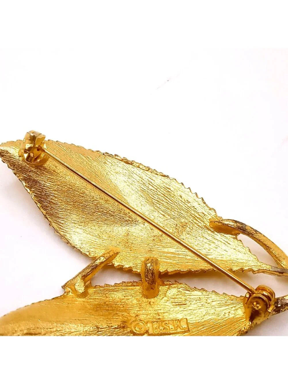 Vintage B.S.K Double Leaf Brooch Gold Tone Textured Design Mid Century 50-60's